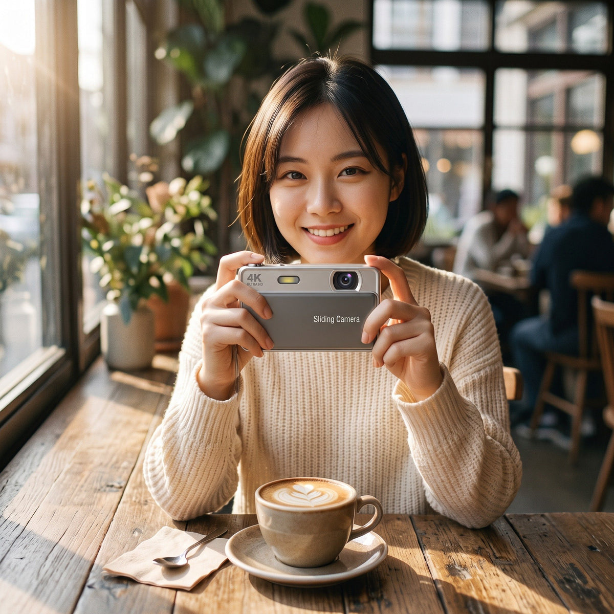 Woman taking a photo with the Sliding Camera in a cafe