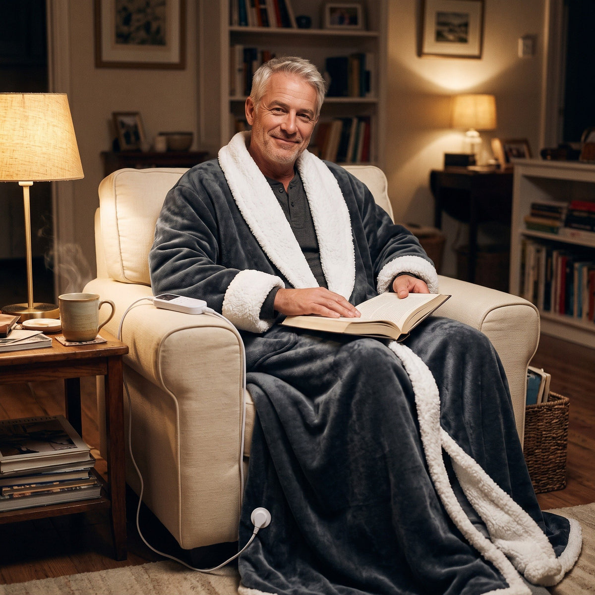 Man relaxing in an armchair wearing the heated robe