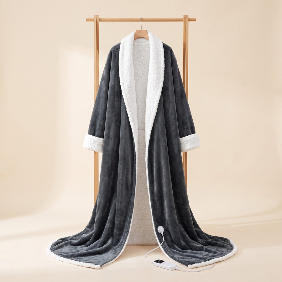 Morrow Heated Robe with white sherpa collar, hung on a stand