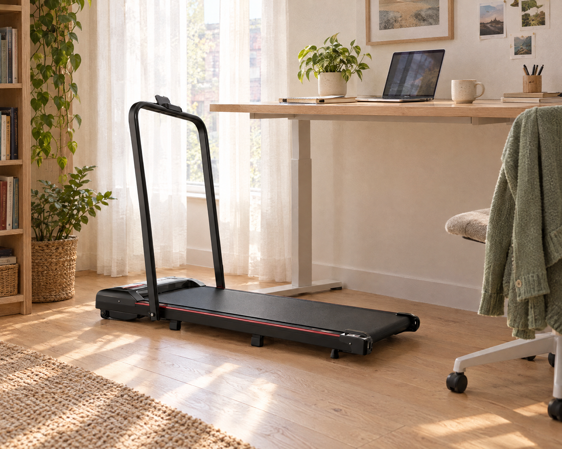 Walking pad under a standing desk