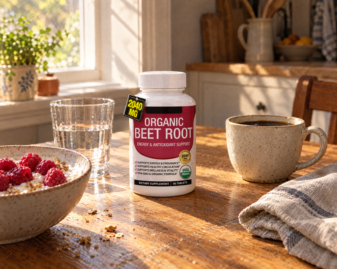 Beetroot tablets on a sunny breakfast table