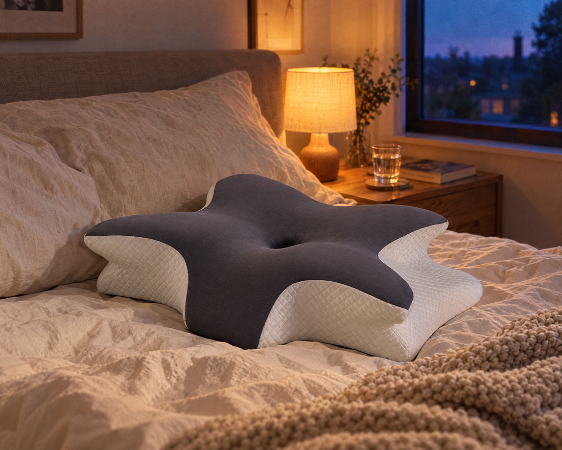 Butterfly pillow on a bed at dusk