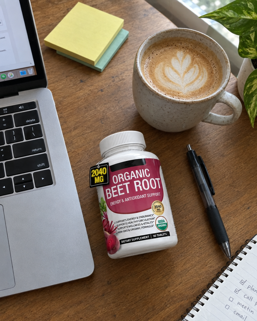 Beetroot tablets on a work desk