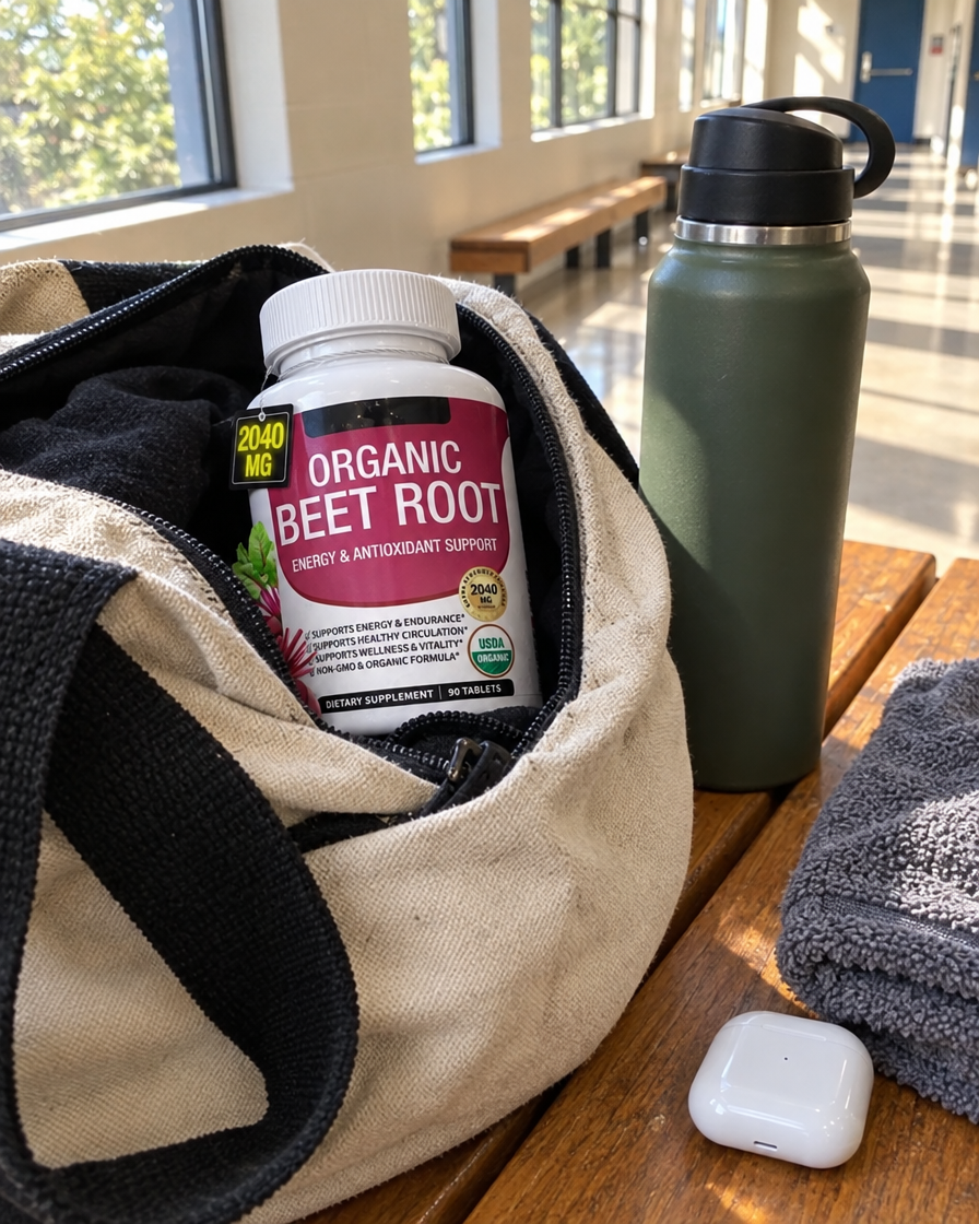 Beetroot tablets in a gym bag