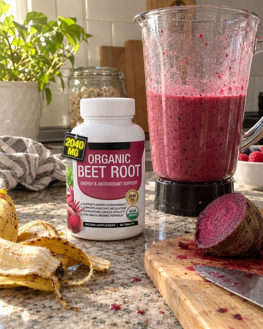 Beetroot tablets next to a smoothie
