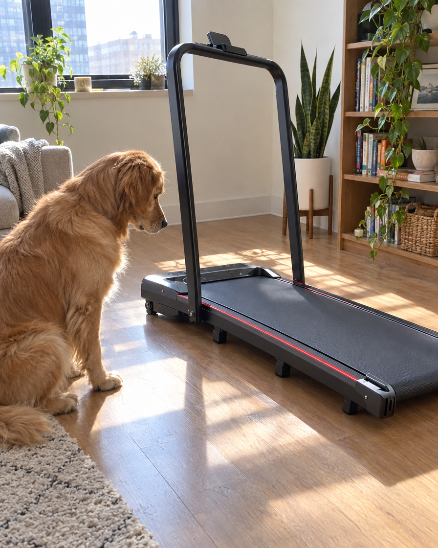 A dog looking at the walking pad