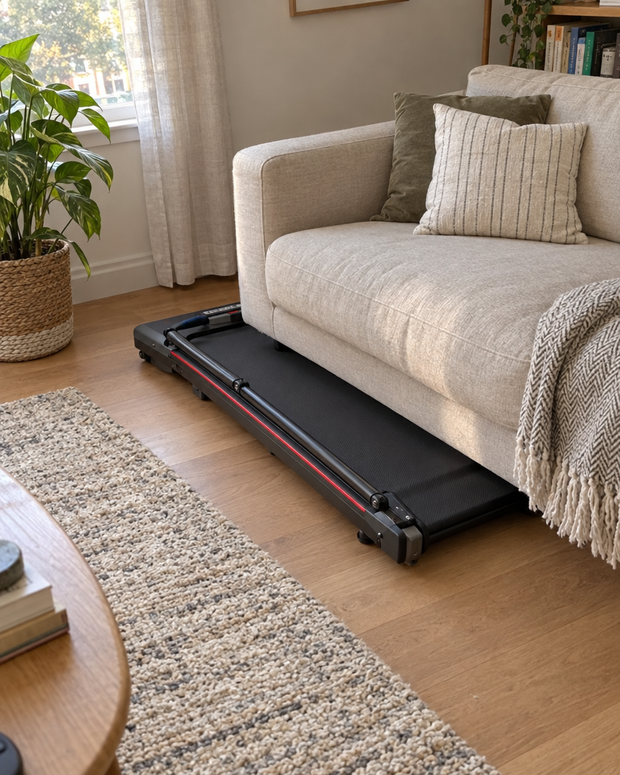 Walking pad folded under a sofa