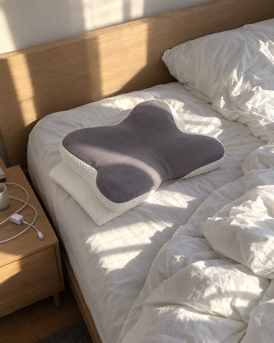 Butterfly pillow on a sunny bed
