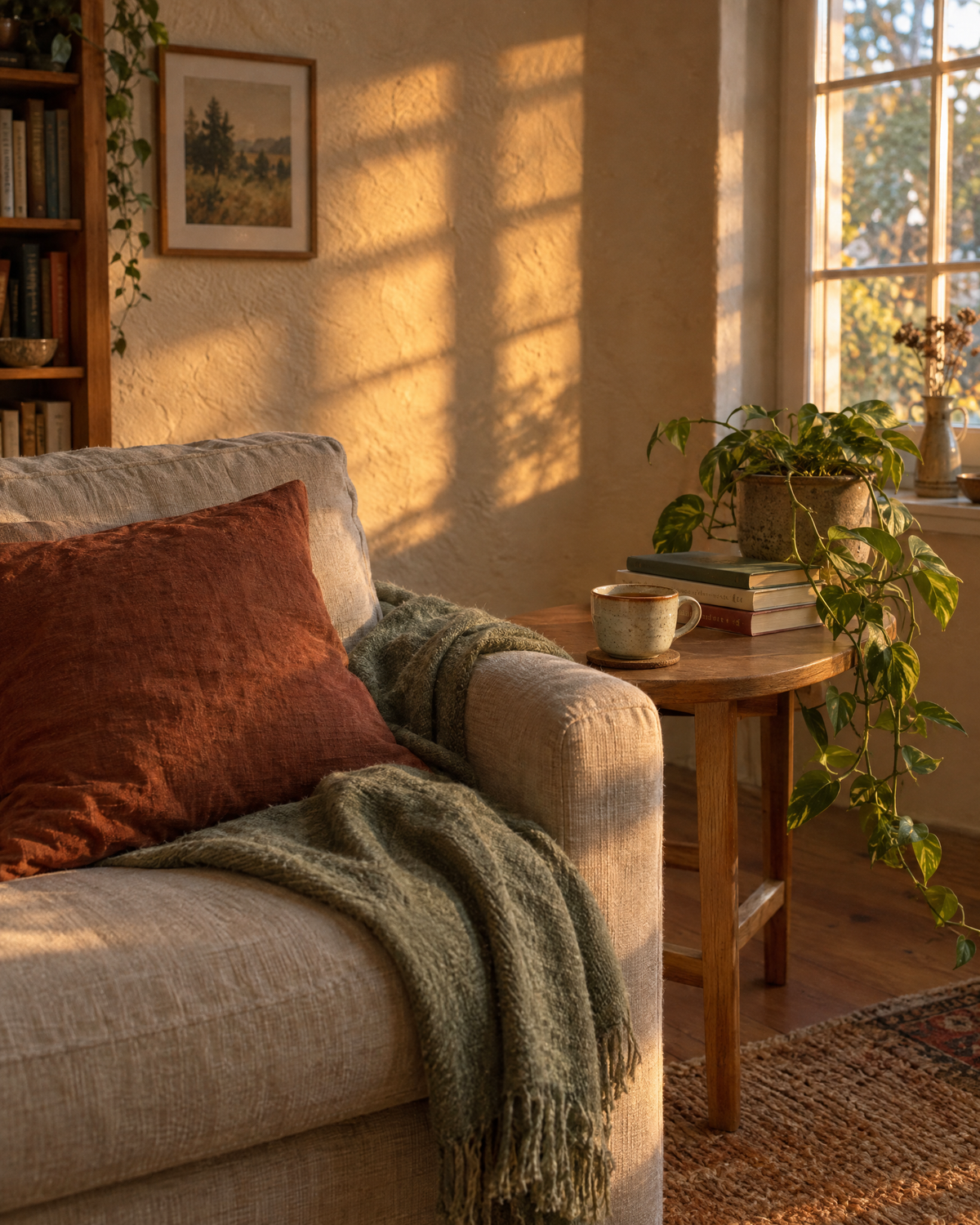 A cosy living room corner at golden hour